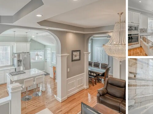 Several photos of a rental home with marble showers, chandeliers and a decorative fireplace.