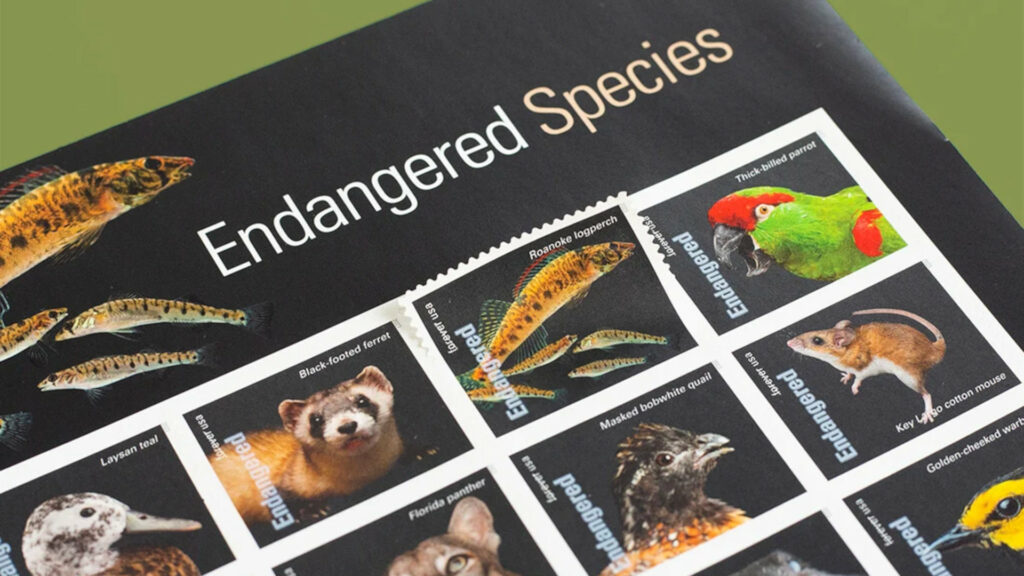 A sheet of stamps depicting endangered species