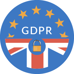 Icon featuring EU's stars and UK's flag stripes with a lock, symbolizing Token of Trust's adherence to both EU's GDPR and UK's GDPR for robust data protection.