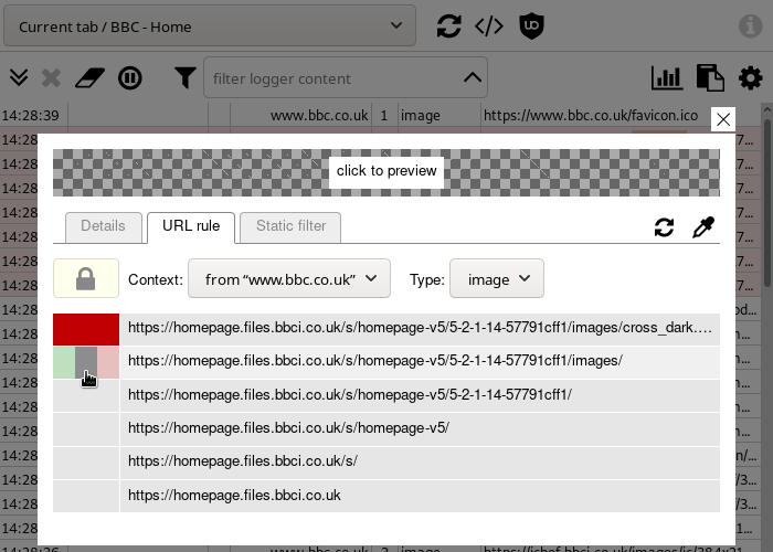 URL filtering dialog in the logger