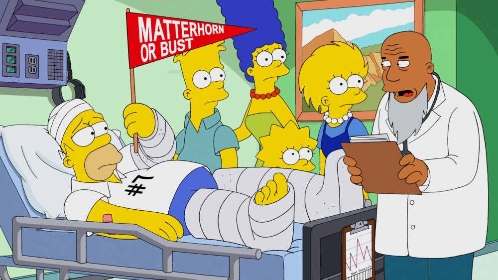 THE SIMPSONS, (from left): Homer Simpson, Bart Simpson, Marge Simpson, Maggie Simpson, Lisa Simpson, Dr. Hibbert, 'Days of Future Future', (Season 25, ep. 2518, aired April  13, 2014). TM and Copyright ©20th Century Fox Film Corp. All rights reserved./courtesy Everett Collection