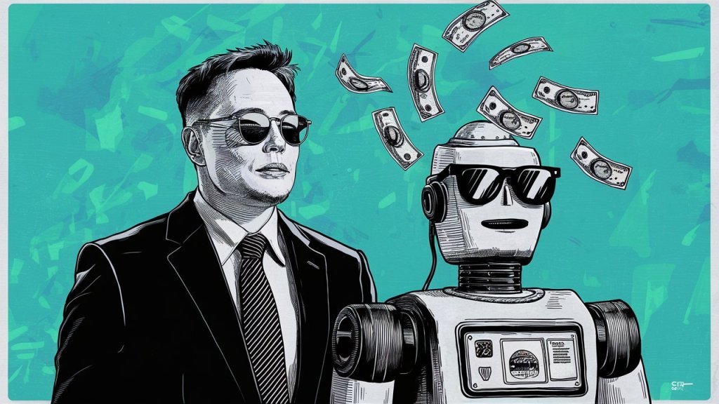 AI line art depicting Elon Musk in black and white beside a robot whose head is spouting money against a teal background