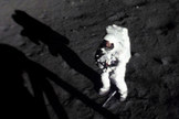 On July 20, 1969, Apollo 11 astronaut Neil Armstrong became the first man to walk on the moon. Armstrong is pictured here, shortly after collecting a sample of lunar dust and rocks. At his feet is the handle for the sample collection tool.