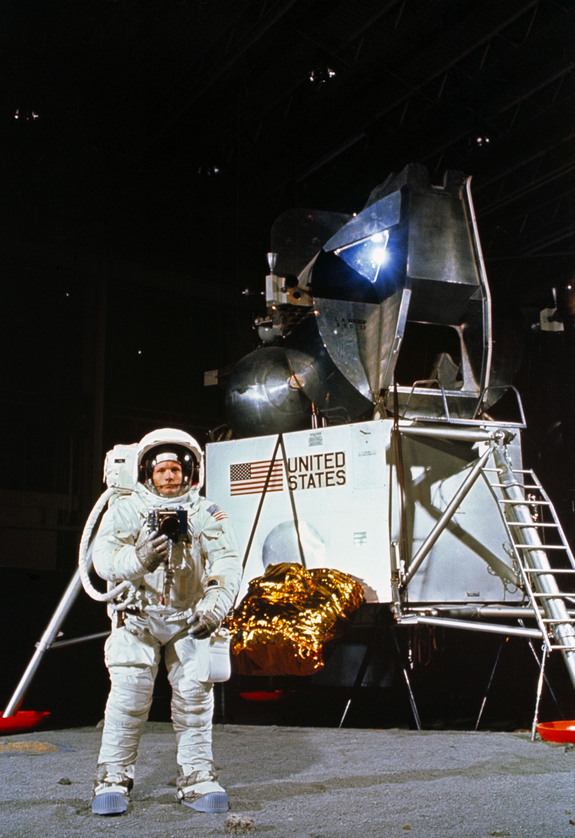 Neil Armstrong performs moonwalk training for Apollo 11 mission.
