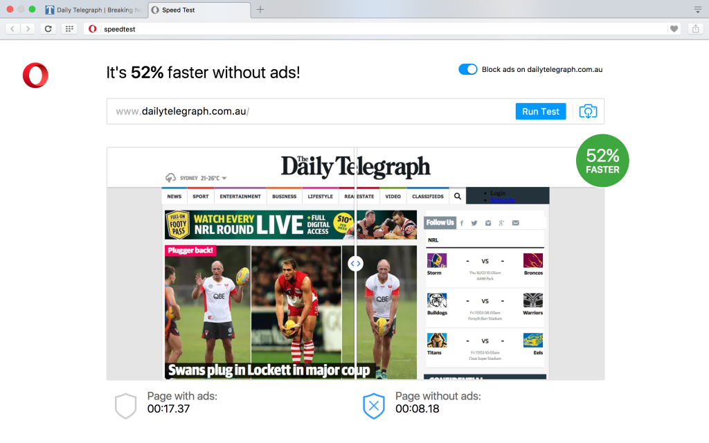 ad blocker in Opera browser: one year review, ad blocking, speed test example website daily telegraph without ads