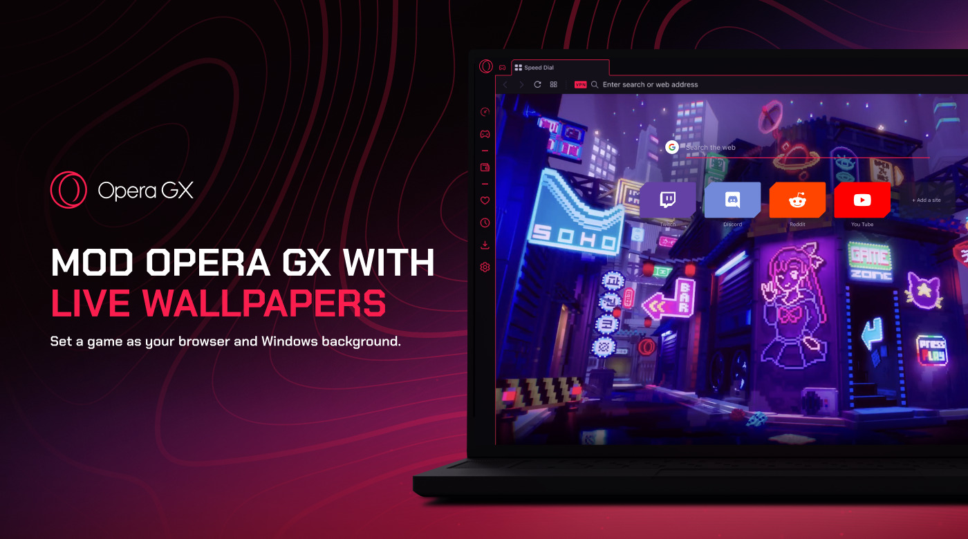 A laptop displays a live wallpaper in Opera GX.