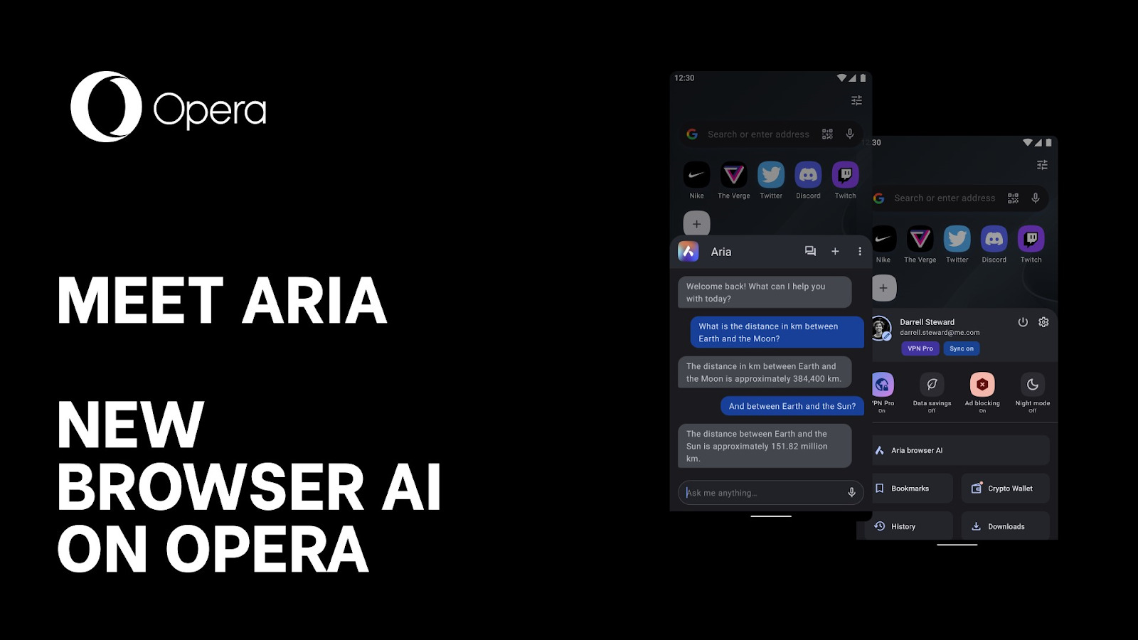 Aria is shown helping users on two separate phone screens.
