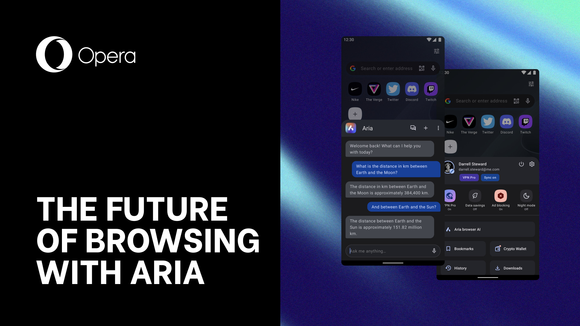 A pair of Android screens show Aria assisting users.