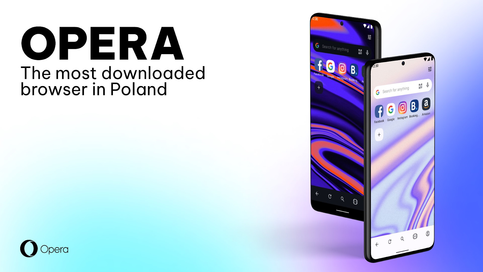 Two phones show the most downloaded browser in Poland, Opera for Android.