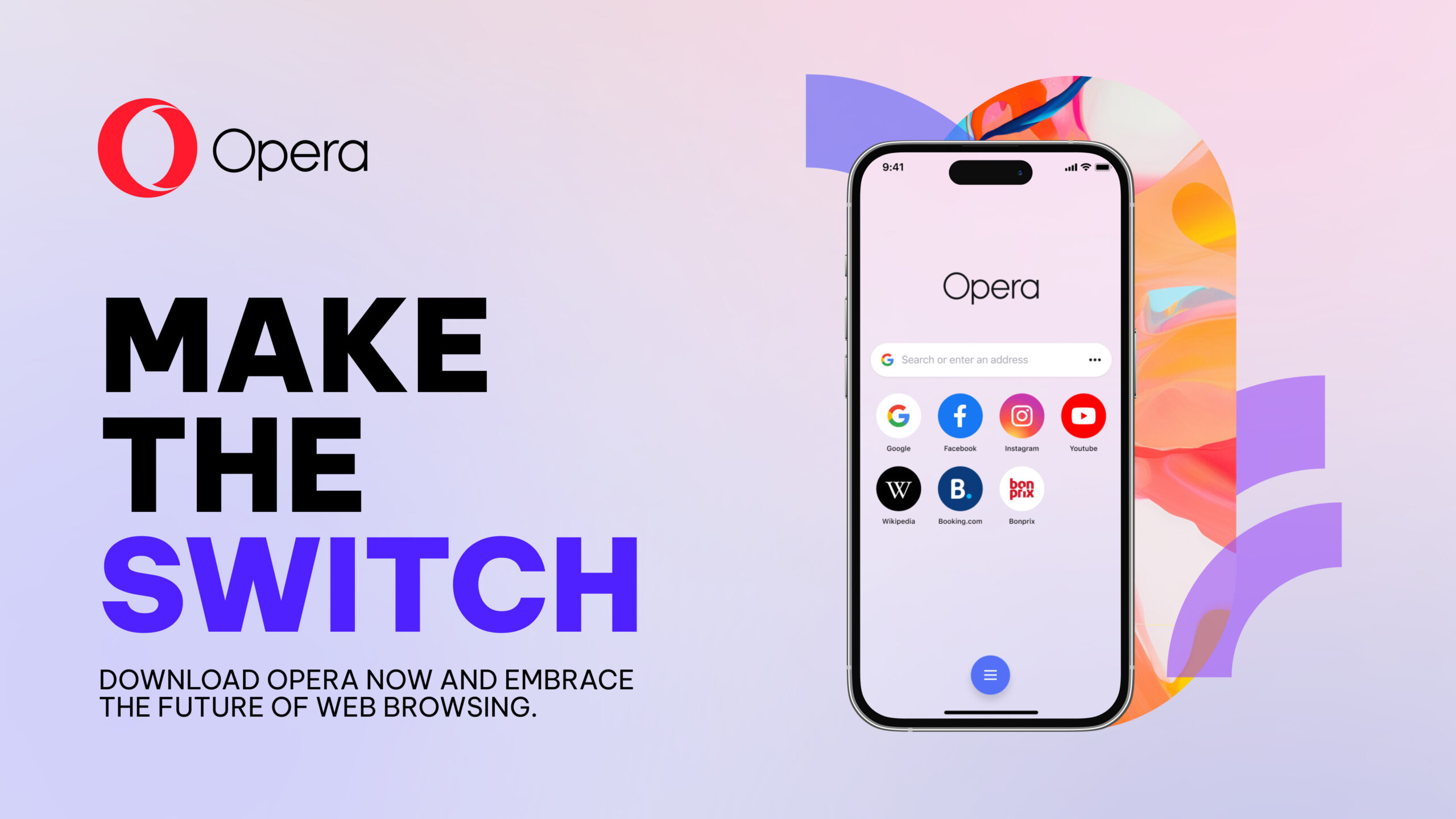 Make a switch title with Opera Browser in a smartphone on a purple background