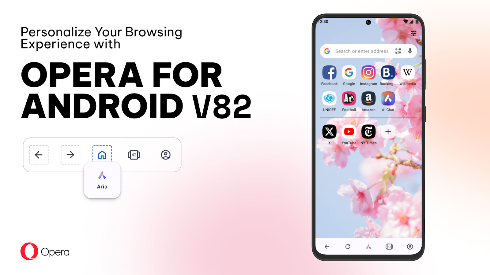 Phone with opera browsers on a pink background with the title Opera for Android v82