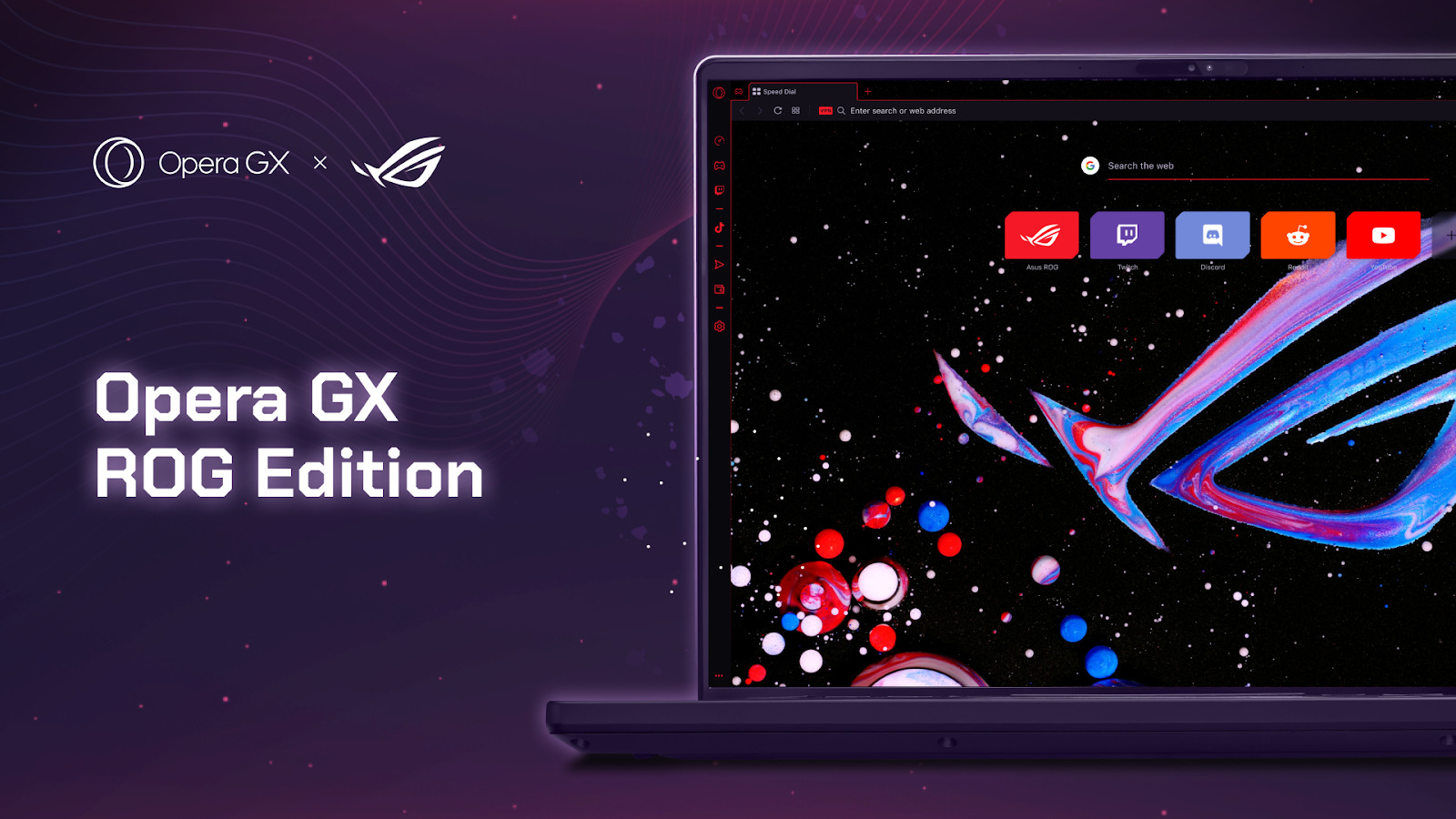 A laptop shows the Opera GX ROG Edition, developed in collaboration with ASUS.