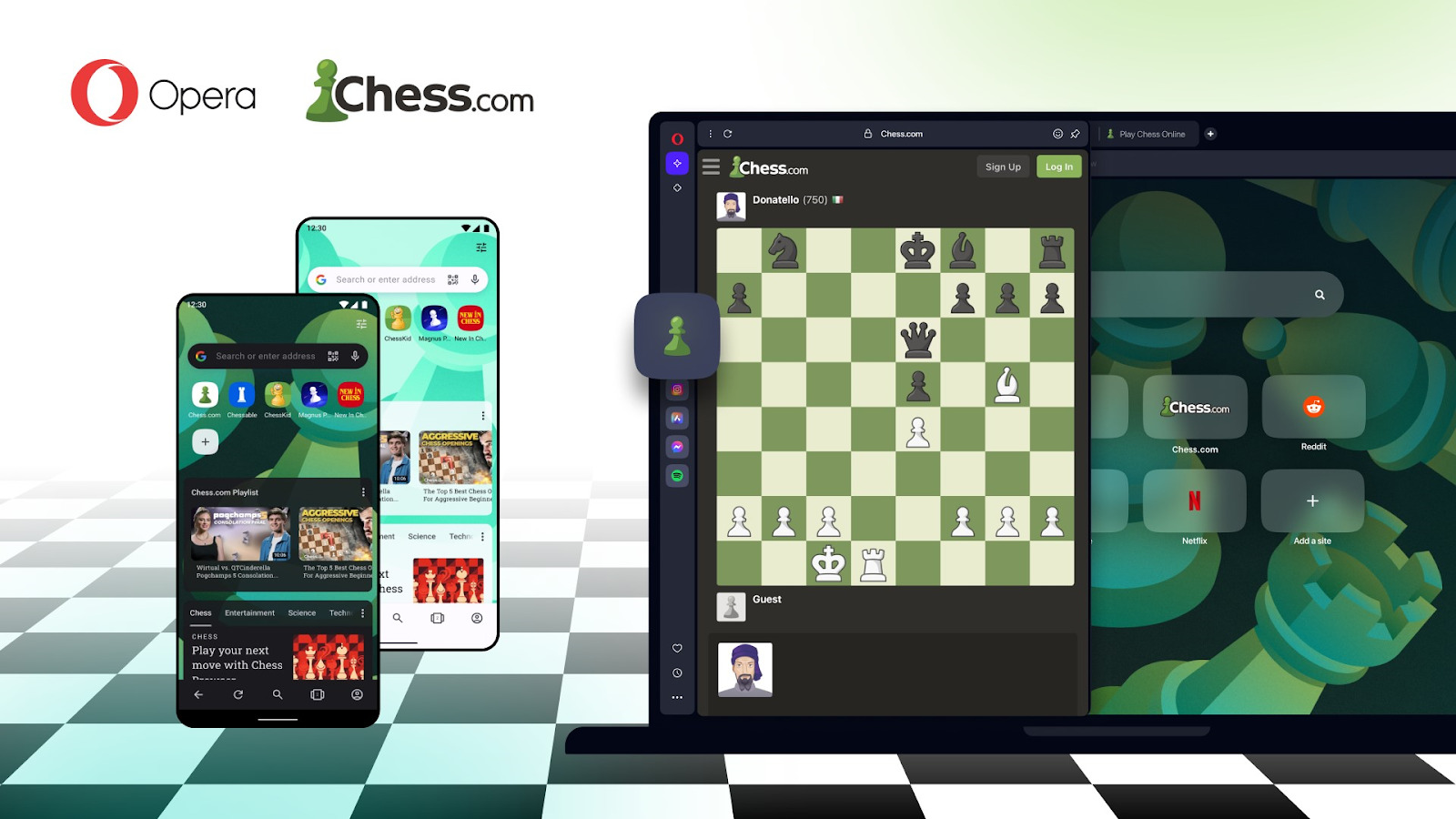 A desktop and two Android devices show off the functionality of Opera's new custom chess builds.