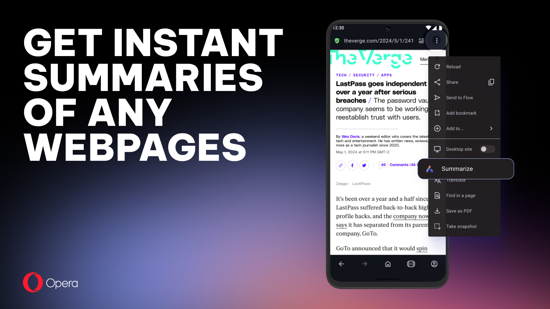 Aria can now Summarize text-based webpages in Opera for Android version 82. Get instant summaries for any webpages!