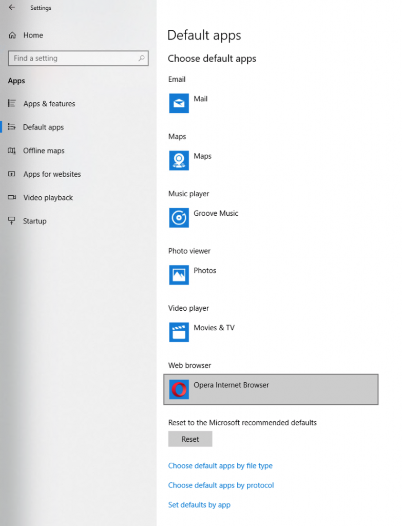 The settings page on Windows 10 where a user can make Opera the default browser for their computer