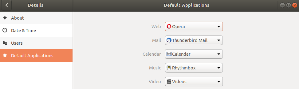 The settings page on Linux Ubuntu where a user can make Opera their default browser.