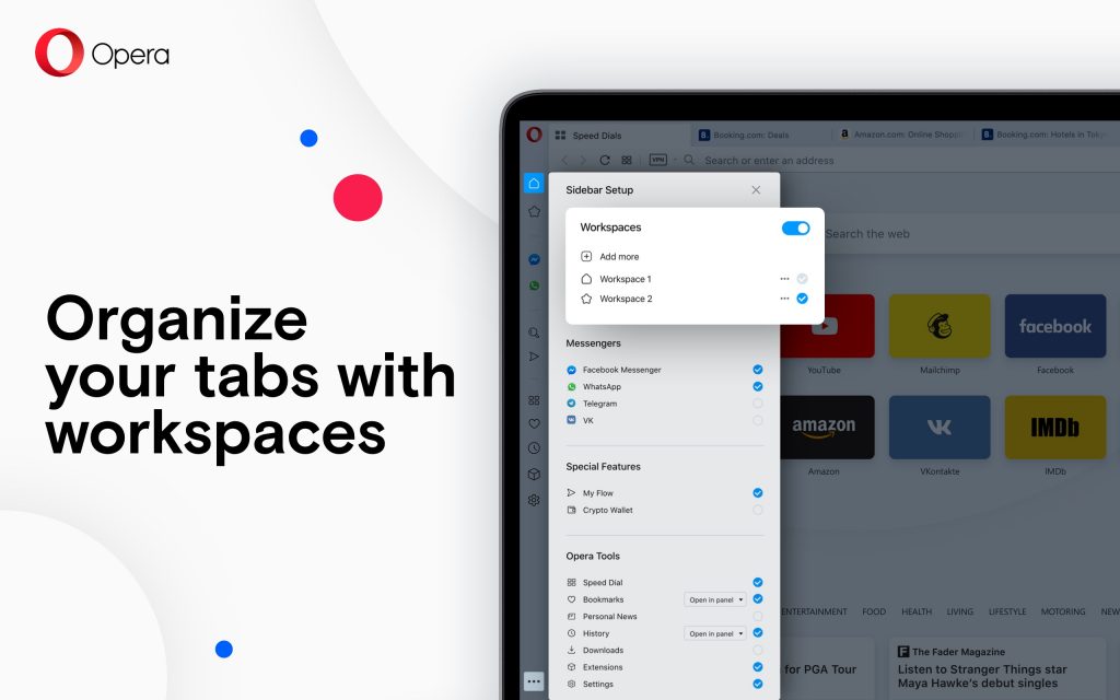 Workspaces in Opera for organized browsing