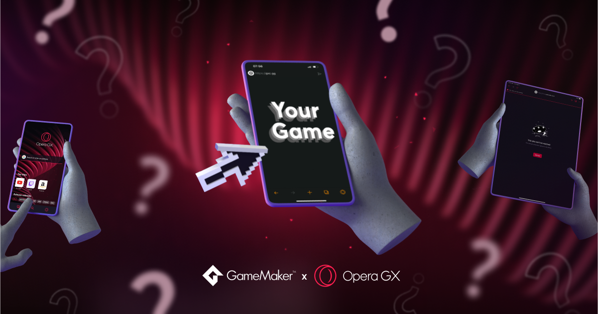 Opera GX is announcing a game jam to find the next offline game for the browser. Hand holding a phone with a placeholder for the new game