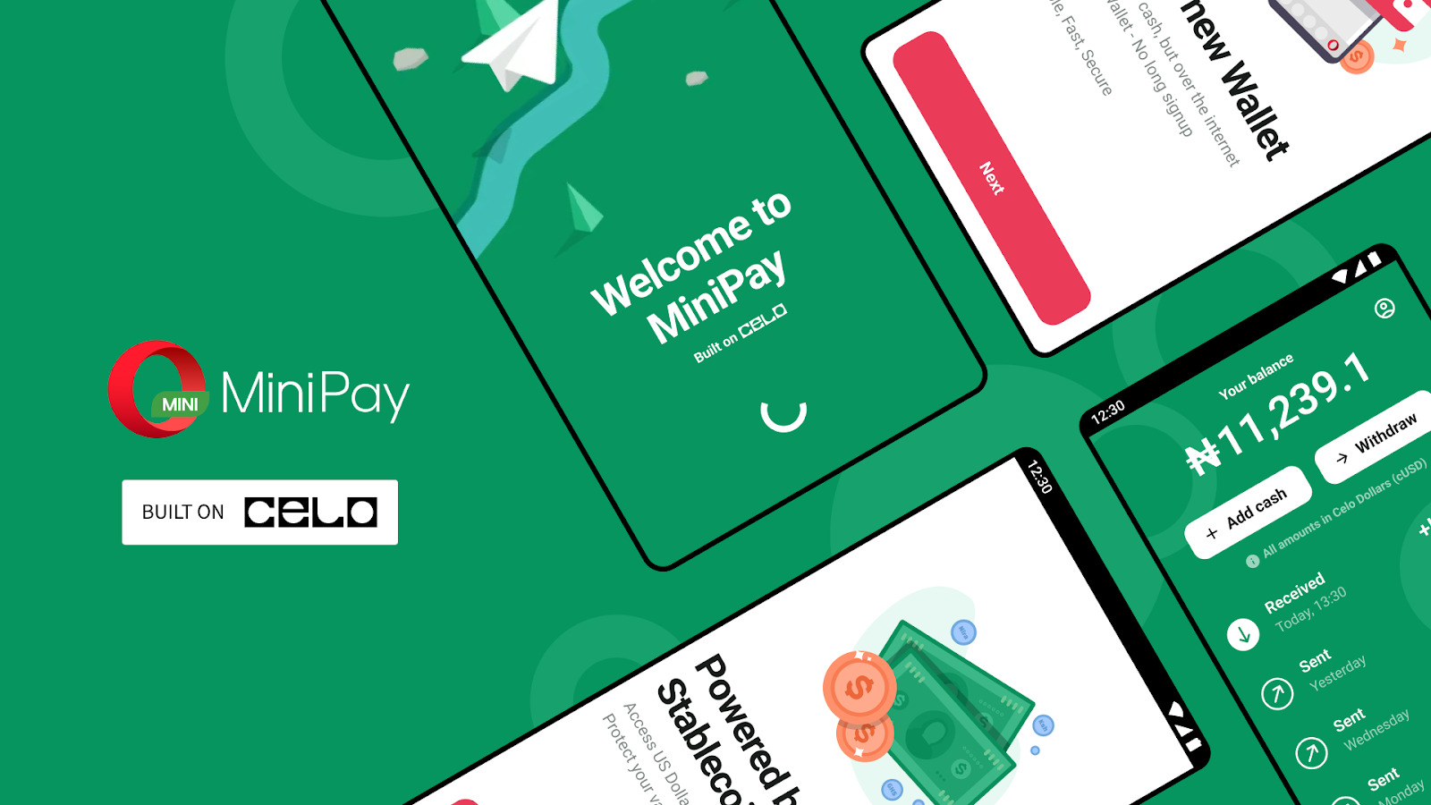 Mobile phone screens show MiniPay, Opera's new Web3-oriented wallet.
