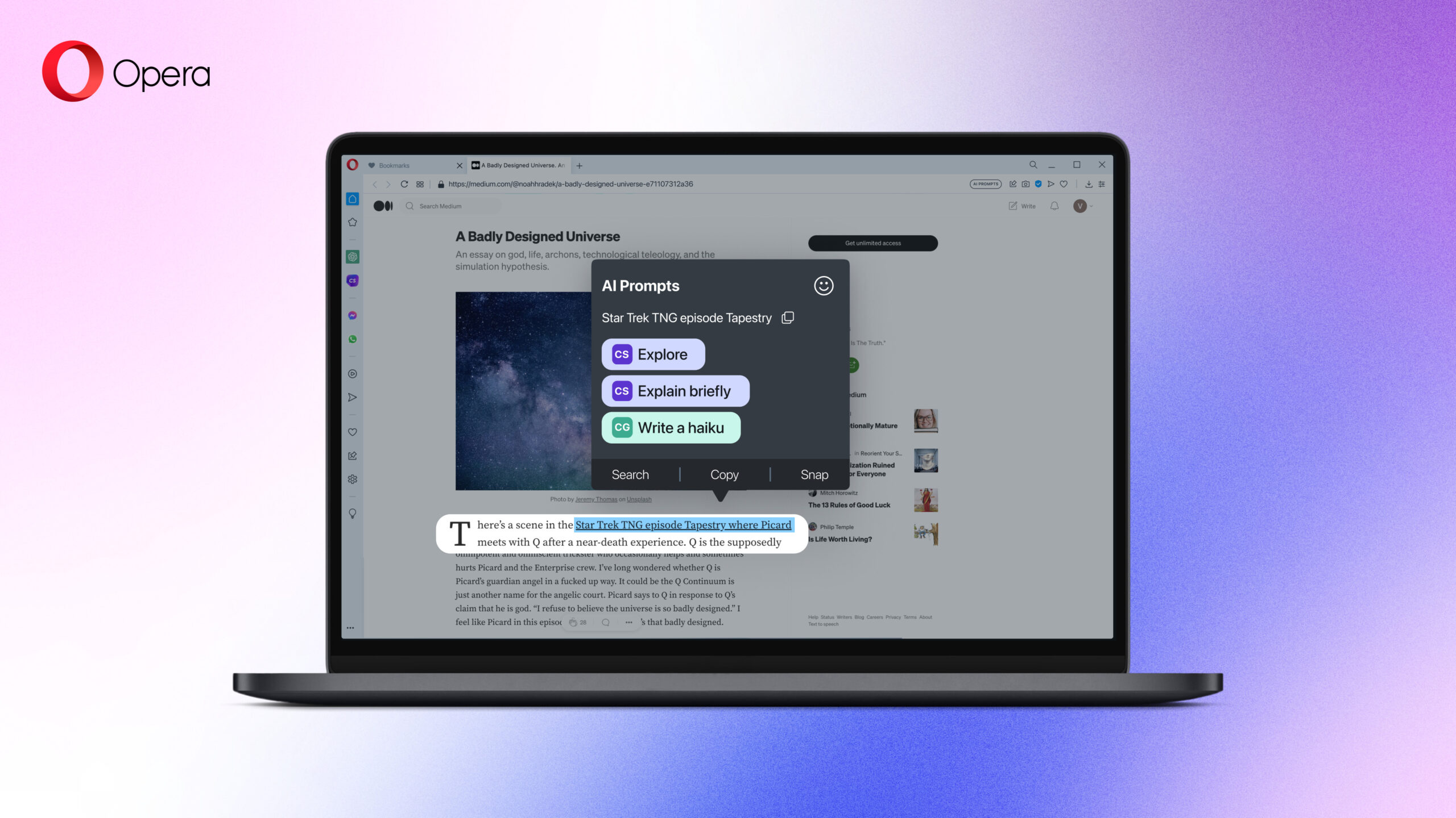 The AI Prompts feature presented in the Opera browser. It brings contextual browser prompts to a new level and lets you use AI to explore content on the Web.