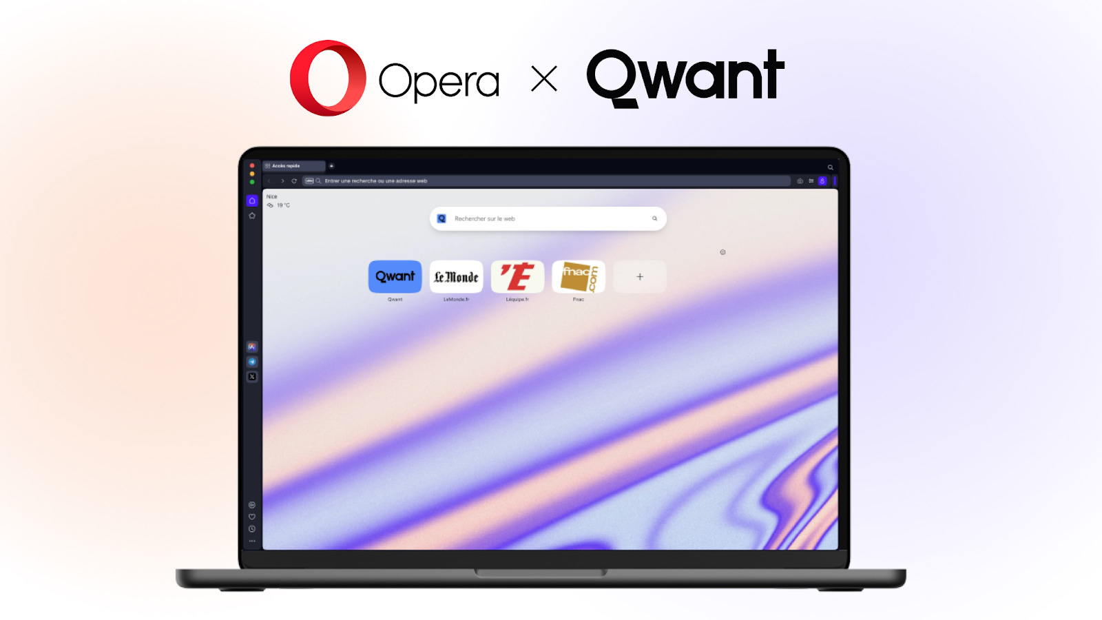 A laptop screen shows Opera's custom built with Qwant integrated as the default search engine.