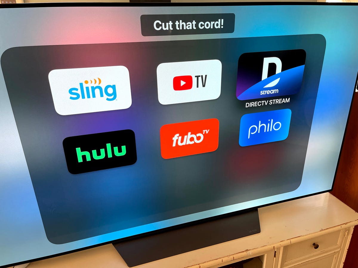 Smart TV app menu: Sling TV, YouTube TV, DirecTV, Hulu, Fubo, Philo