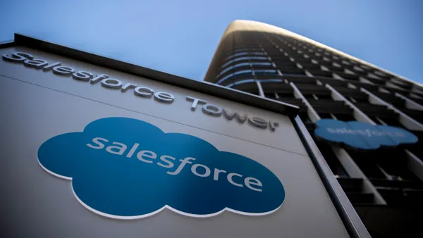 The Salesforce logo is seen at Salesforce Tower on December 1, 2020 in San Francisco, California.