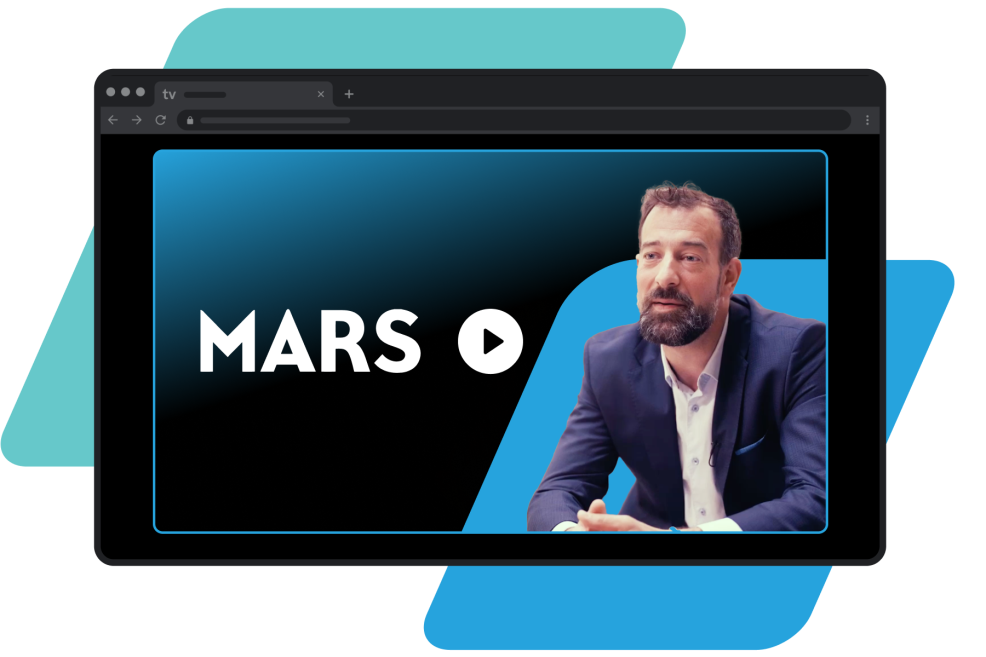 blue and teal parallelograms with dark mode chrome browser featuring a man and the MARS logo with a play button