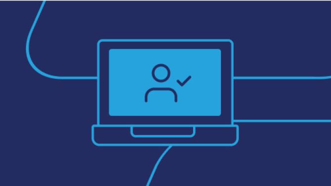 navy background with blue line art of a person with a check mark icon on a laptop