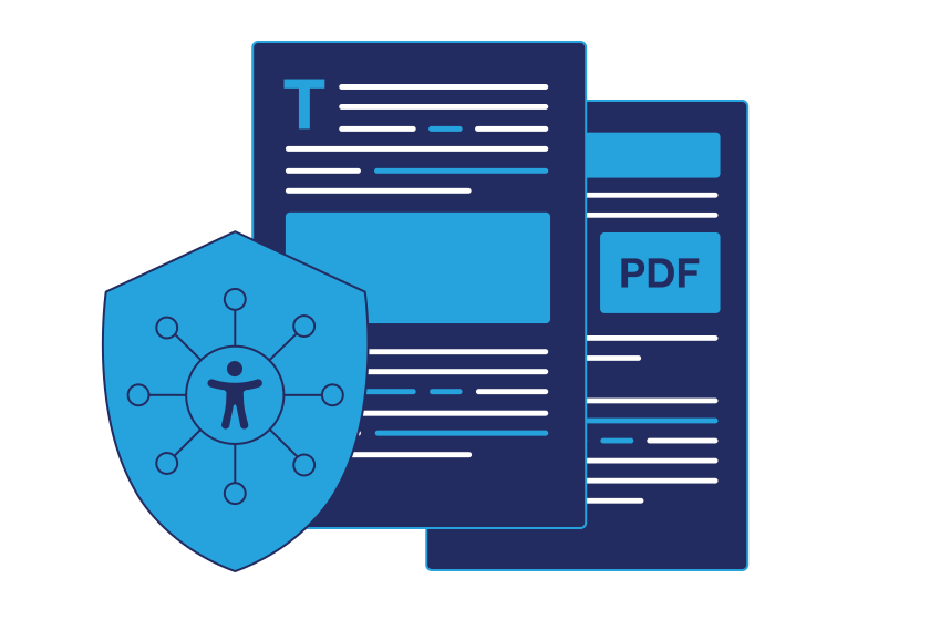 illustration of various pdf documents with a shield and the accessibility logo over top