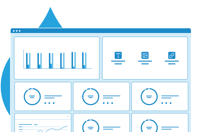 stylized illustration of the Monsido product UI showing various analytics