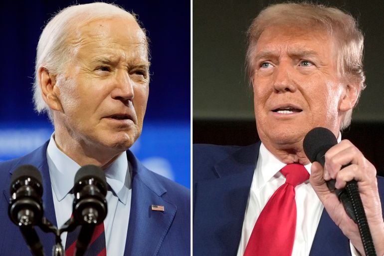 A split screen of Donald Trump and Joe Biden speaking into microphones, both in suits and ties.