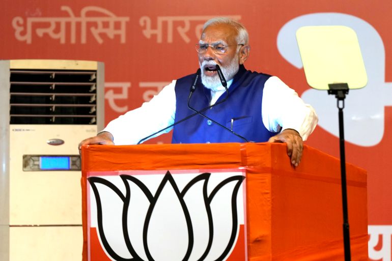 Prime Minister Narendra Modi addresses supporters at the Bharatiya Janata Party (BJP) headquarters in New Delhi