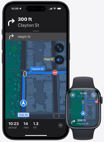 Részletes navigáció egy iPhone 15 Pro és egy Apple Watch Series 9 kijelzőjén.