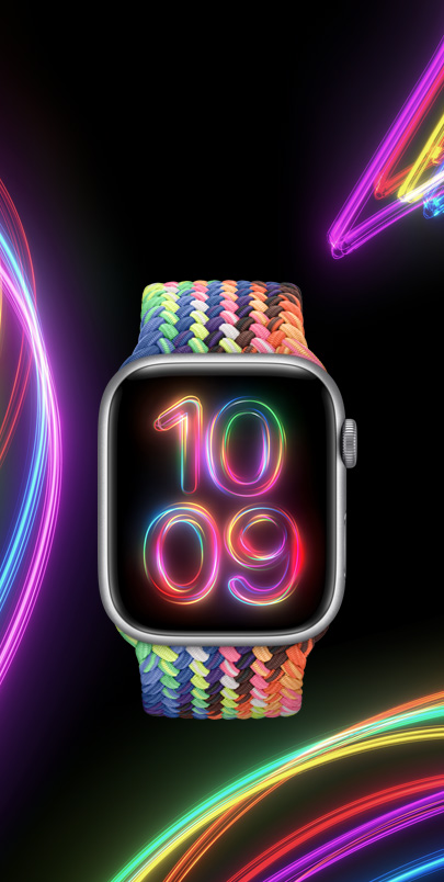 Egy Apple Watch Series 9 az új, neonszínű Pride Edition fonott körpánttal és a hozzá illő Pride, ragyogás számlappal.