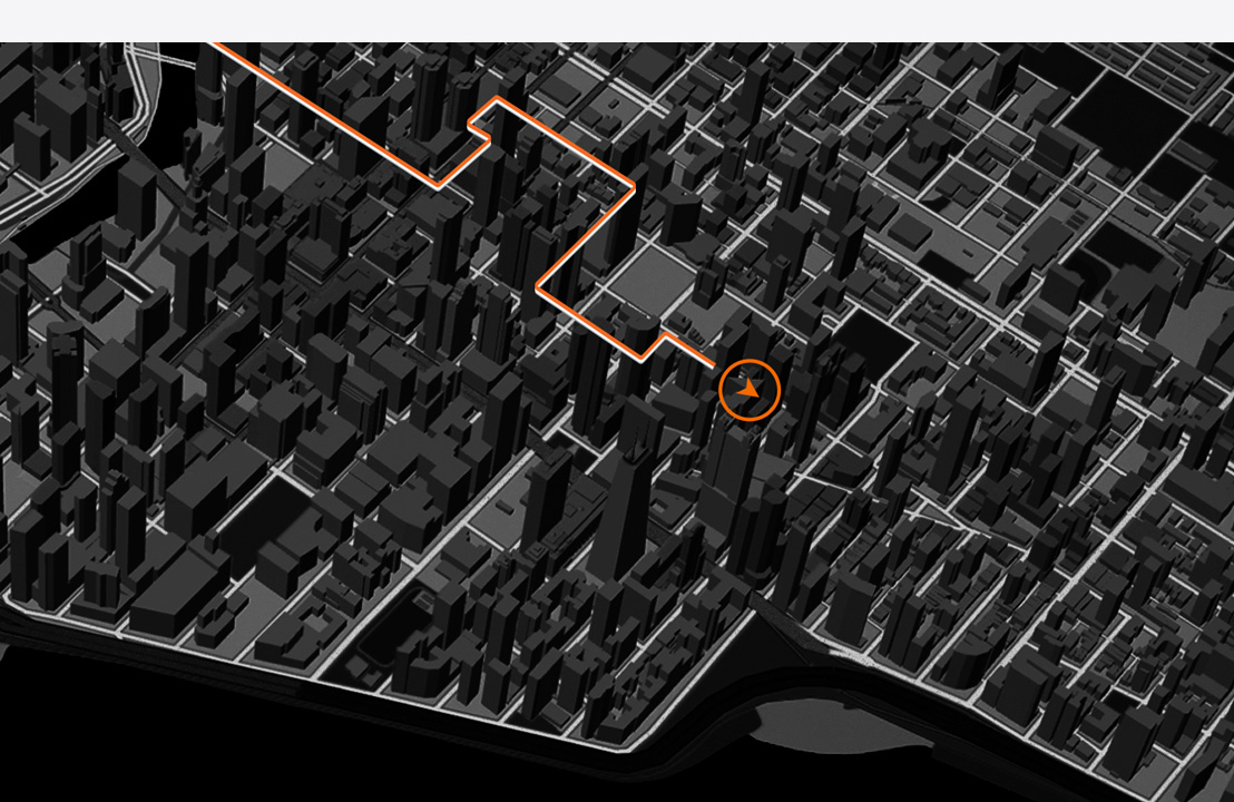 Egy útvonal a végén egy nyíllal. A rajzolat egy felhasználó futóútvonalát mutatja egy várostérkép háromdimenziós nézetében.