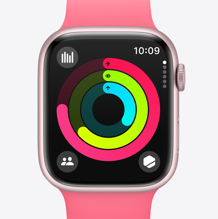 Apple Watch Series 9, kijelzőjén a Tevékenység appal, melynek gyűrűi a felhasználó aktuális Mozgás, Gyakorlat és Állás eredményeit mutatják.