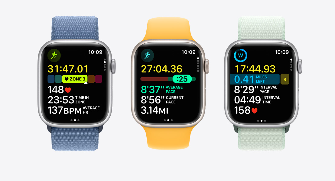 Három Apple Watch Series 9 óra. Az elsőn a Pulzuszónák láthatók egy edzés közben, a másodikon a Tempómérő, a harmadikon pedig egy egyéni edzés intervallumokkal.