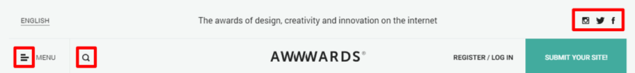 The Awwwards site uses multiple icons with no labels in the header alone. Unfortunately, none of them have alt text.