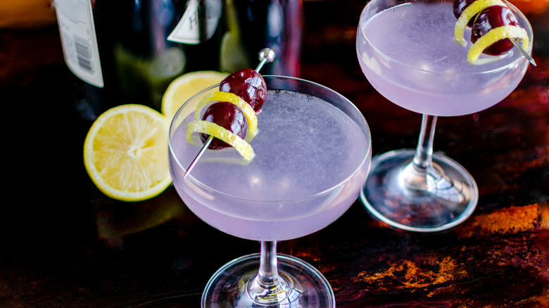 Aviation gin cocktails garnished with Luxardo cherries