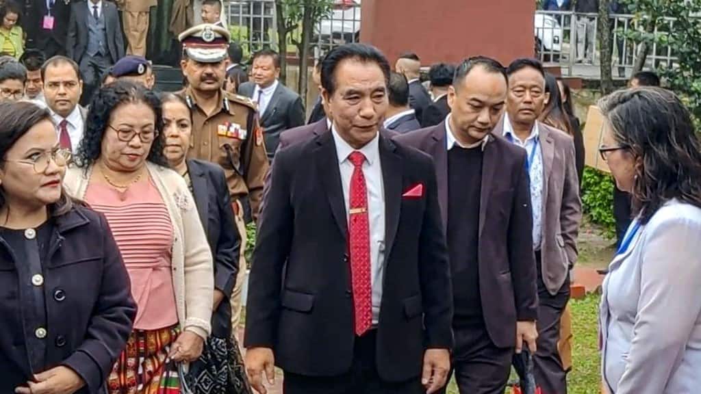 Zoram People's Movement (ZPM) leader Lalduhoma arrives to take oath as the Chief Minister of Mizoram, in Aizawl, Friday, Dec. 8, 2023. (PTI Photo)