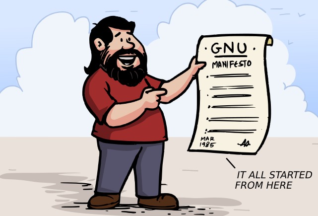 Illustration of RMS holding the GNU Manifesto.