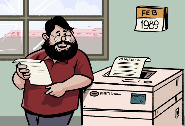 Picture of Richard Stallman standing next to a printer.