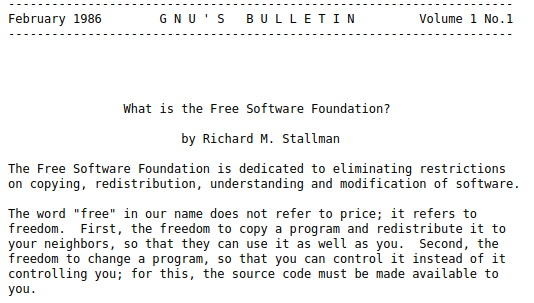 A screenshot of the first Bulletin and the definition of free software.