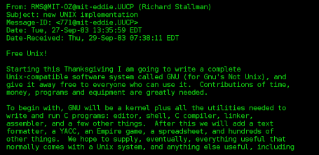 Usenet posting of the GNU system announcement, captured on the olduse.net archive