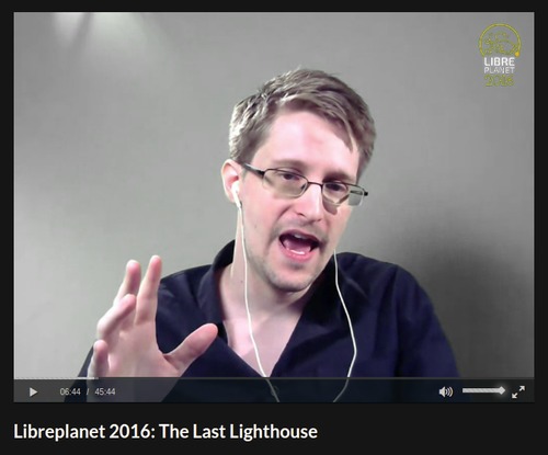 Image of Edward Snowden speaking at LibrePlanet