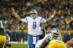 Detroit Lions quarterback Matthew Stafford (9) during an NFL Monday Night Football game between the Detroit Lions against the Green Bay Packers in Green Bay, Wisconsin, Monday, Nov 6, 2017.  (Photo by Tom Hauck/Getty Images)