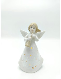 Statuina natalizia Angiletto del natale con flauto in ceramica bianca ed oro