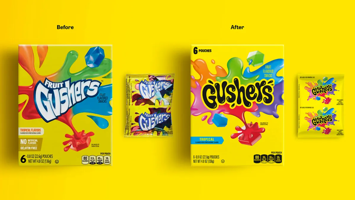 A side-by-side comparison of old General Mills Gushers with new packaging design against a yellow backdrop.