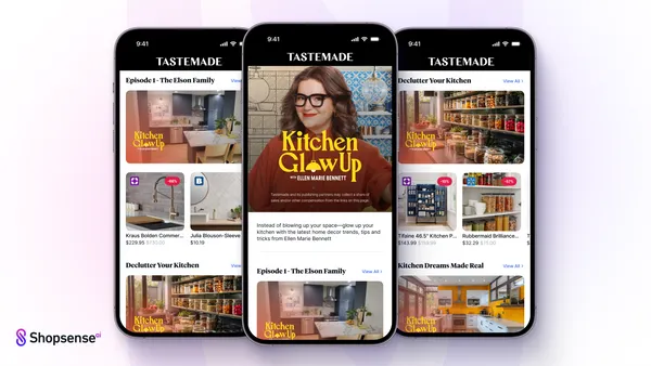 3 mobile phones showing the Tastemade channel on Shopsense